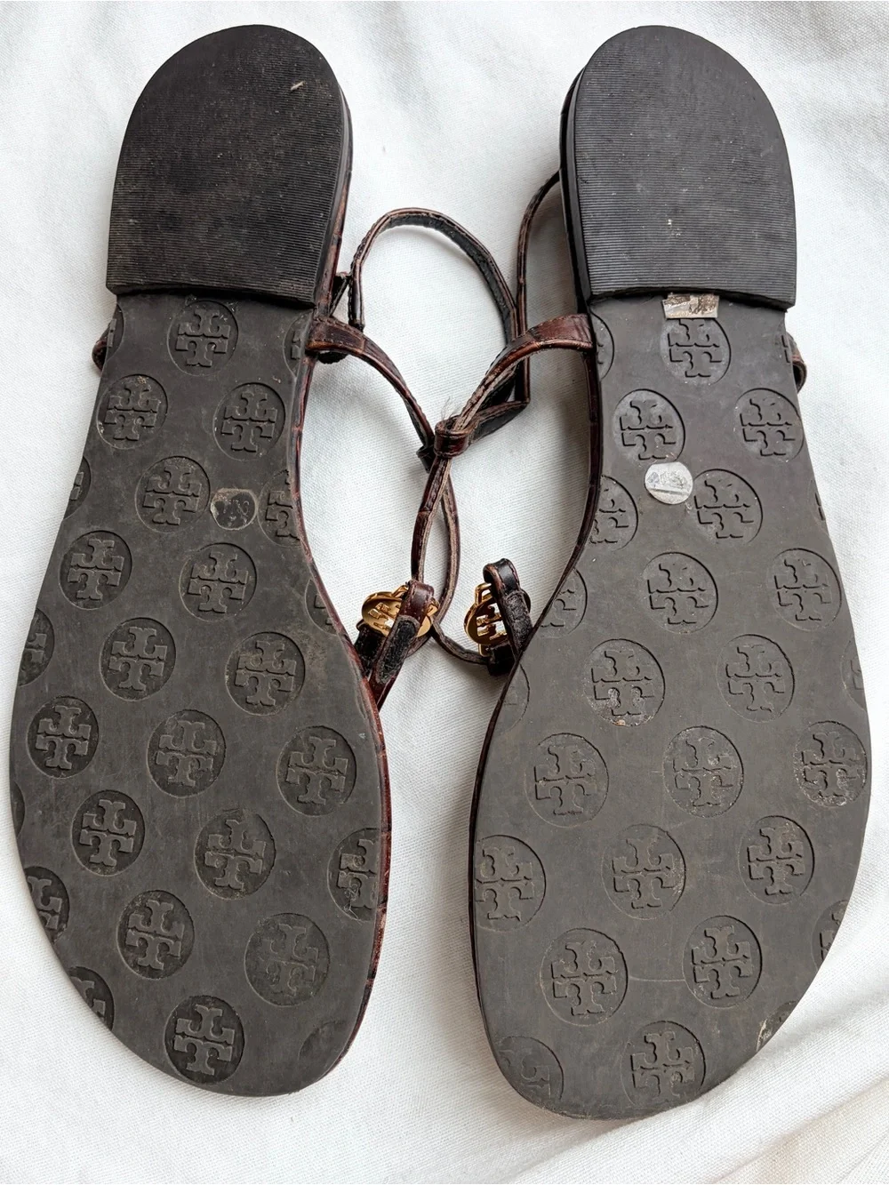 Tory Burch Brown Croc-Embossed T-Strap Sandals with Gold Logo